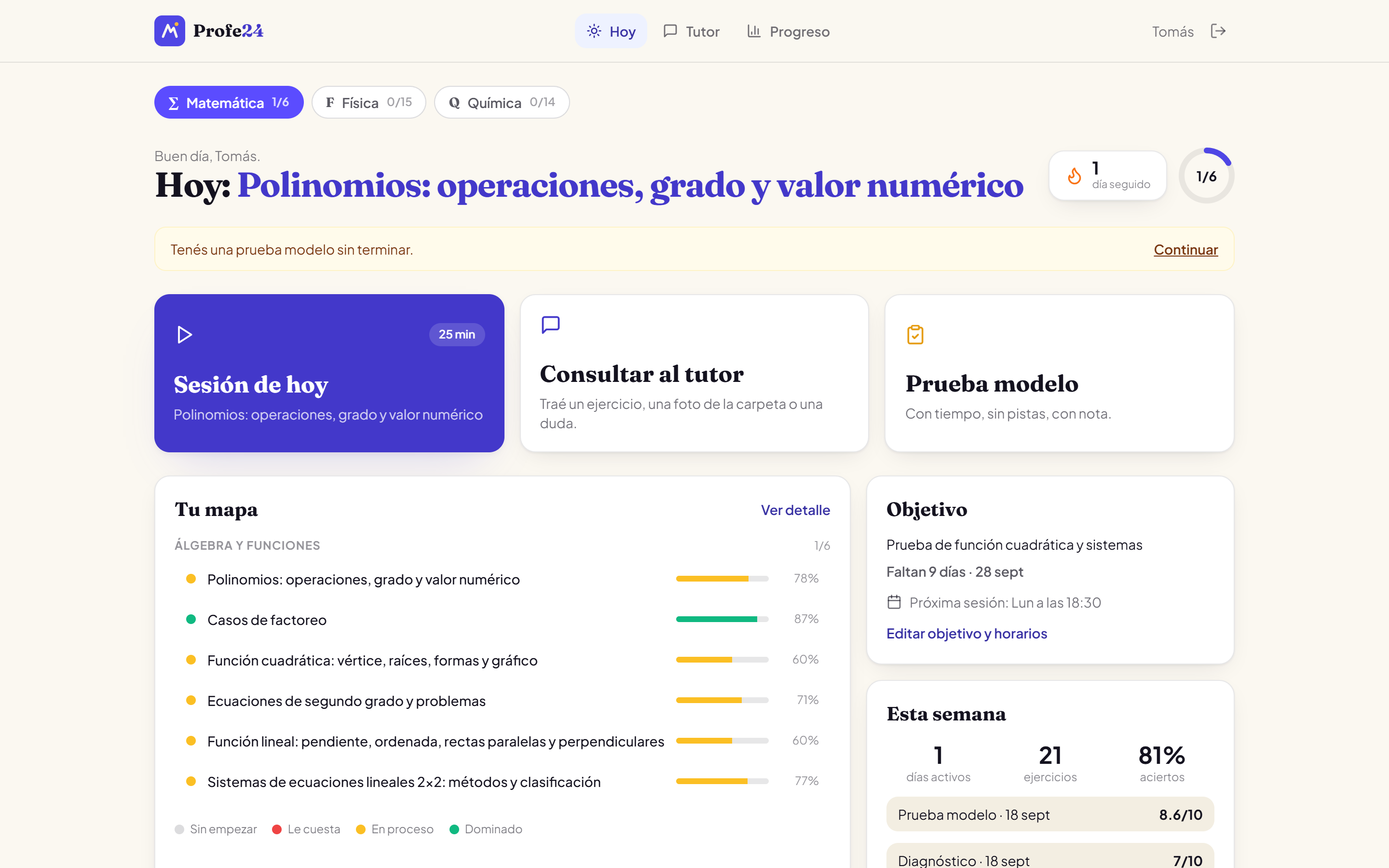 Panel del alumno de Matemática: tema del día, sesión, prueba modelo y mapa de temas
