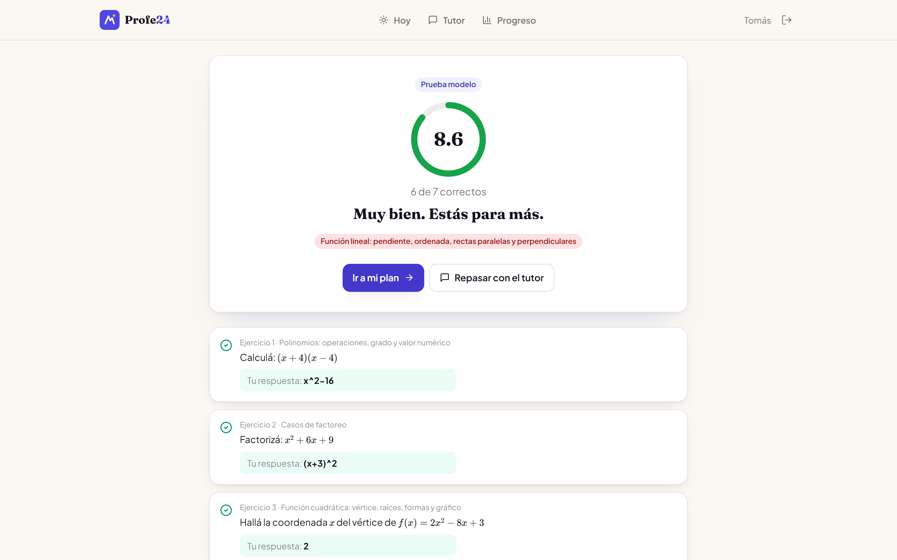 Resultado de una prueba modelo con nota 8,8 y los temas a reforzar