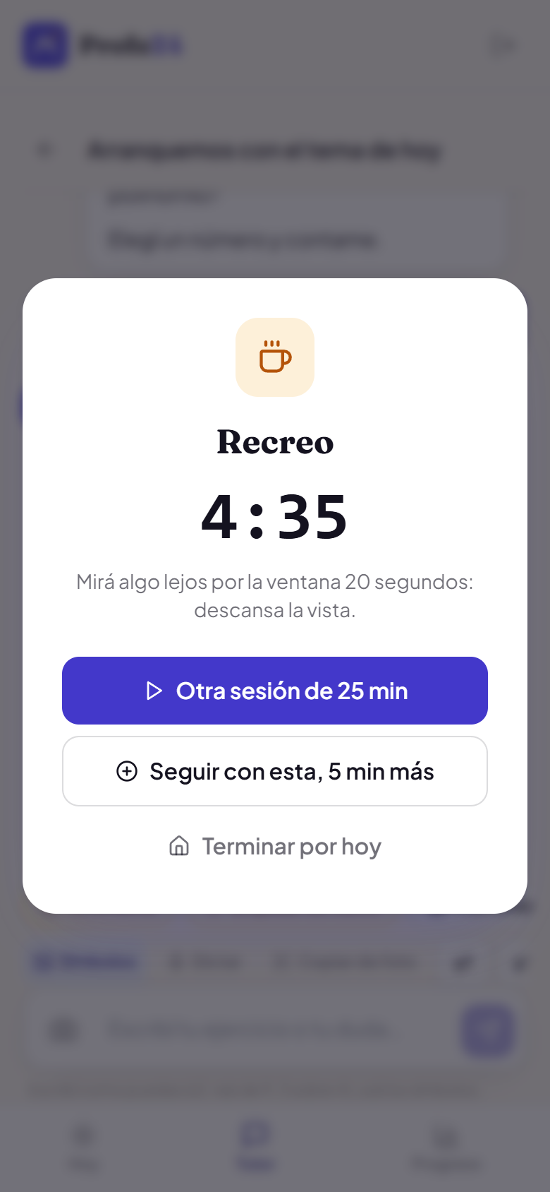 Pantalla de recreo con cuenta regresiva de 5 minutos y botones para otra sesión, 5 minutos más o terminar por hoy
