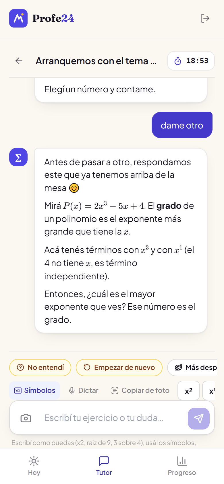 Sesión de estudio con cronómetro de 25 minutos y los botones No entendí, Empezar de nuevo y Más despacio