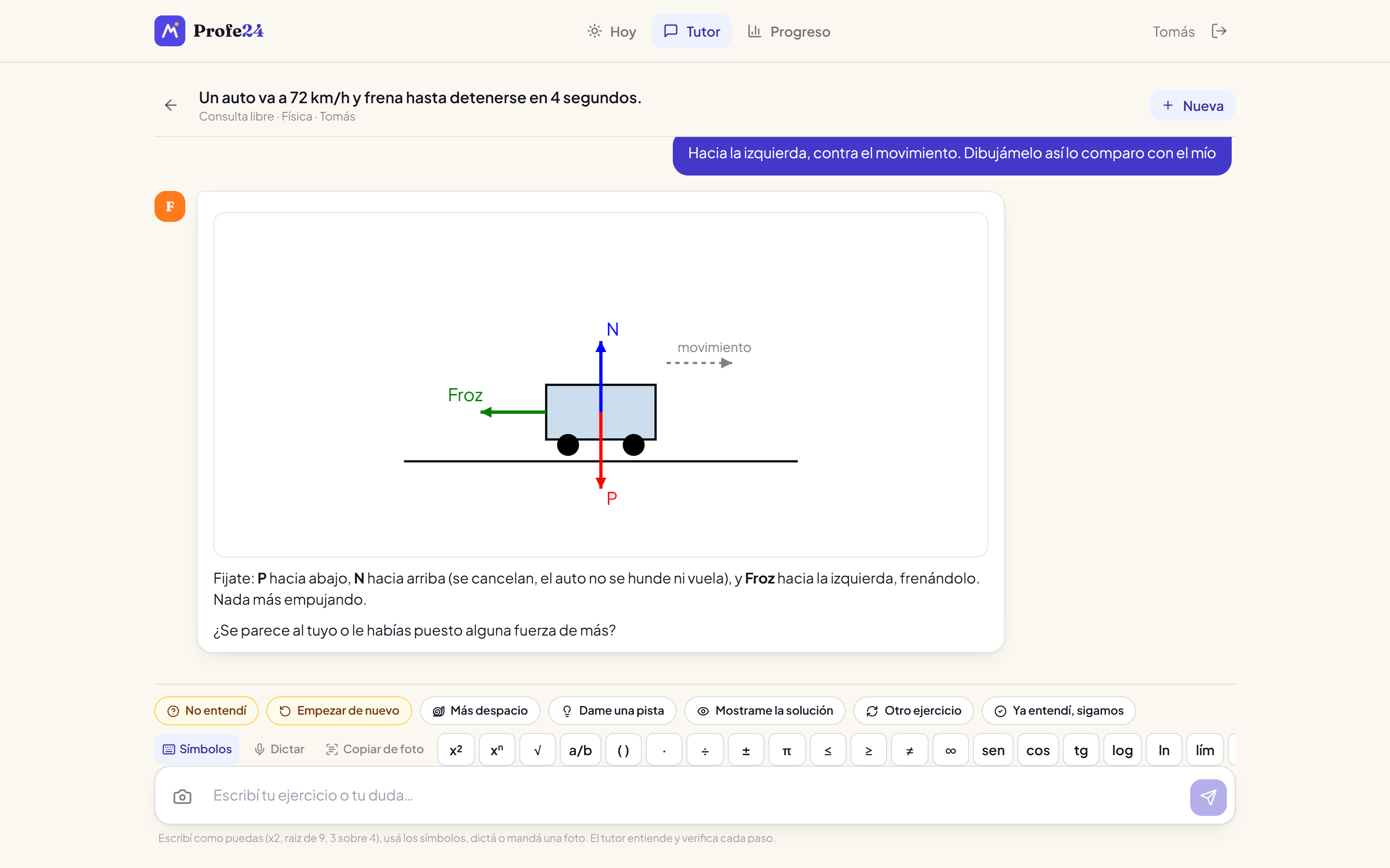 El tutor de Física señalando un error de unidades: 72 km/h no se puede dividir directamente por segundos