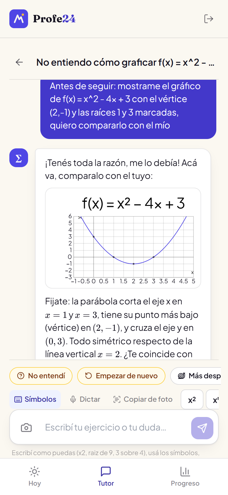 El tutor respondiendo con el gráfico de una parábola con vértice y raíces marcados