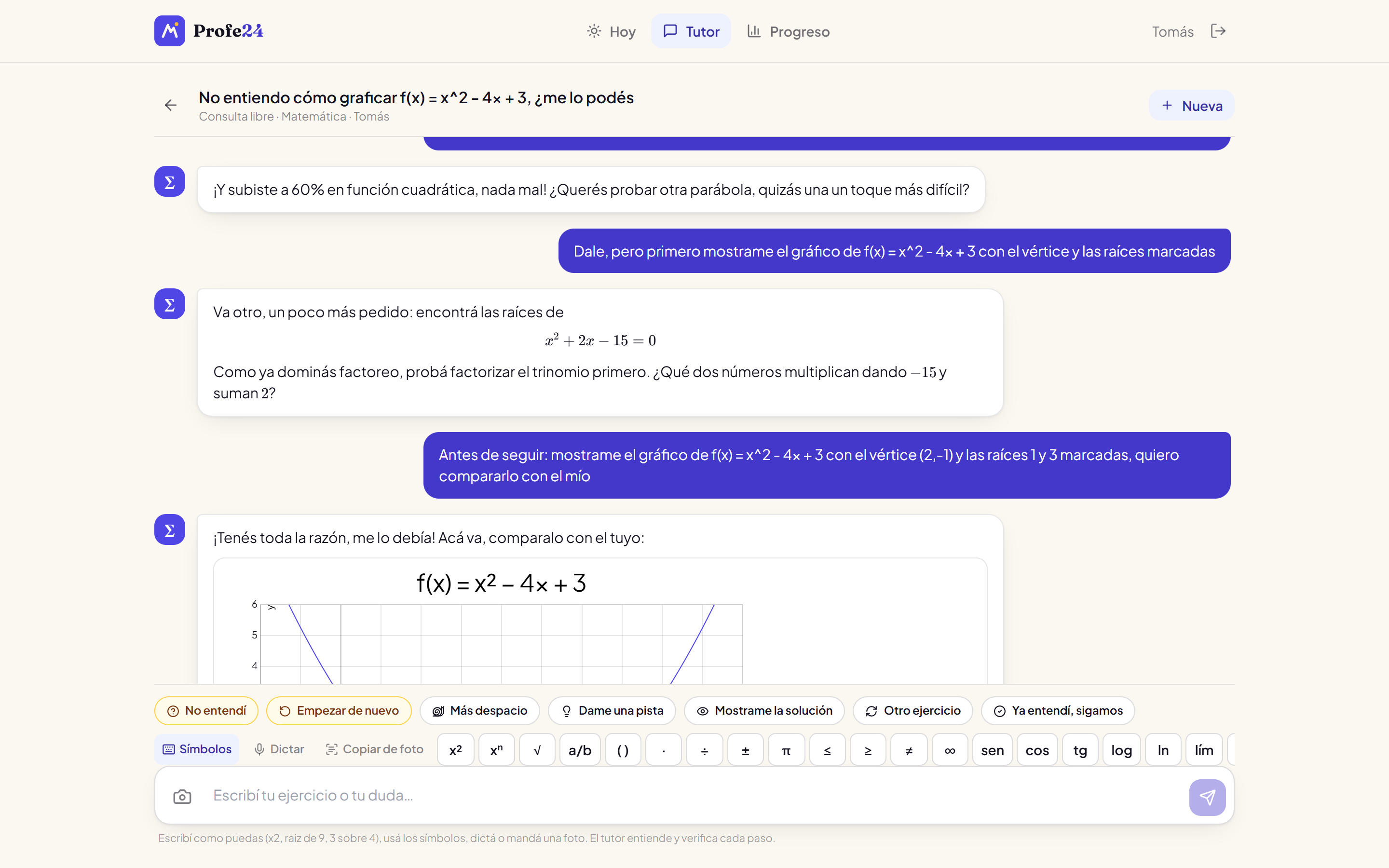 El tutor de Profe24 explicando cómo graficar una función cuadrática, con fórmulas y un gráfico